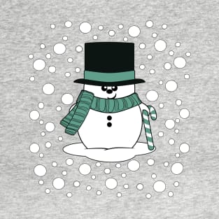 Cute Christmas snowman with a top hat, scarf and candy cane T-Shirt
